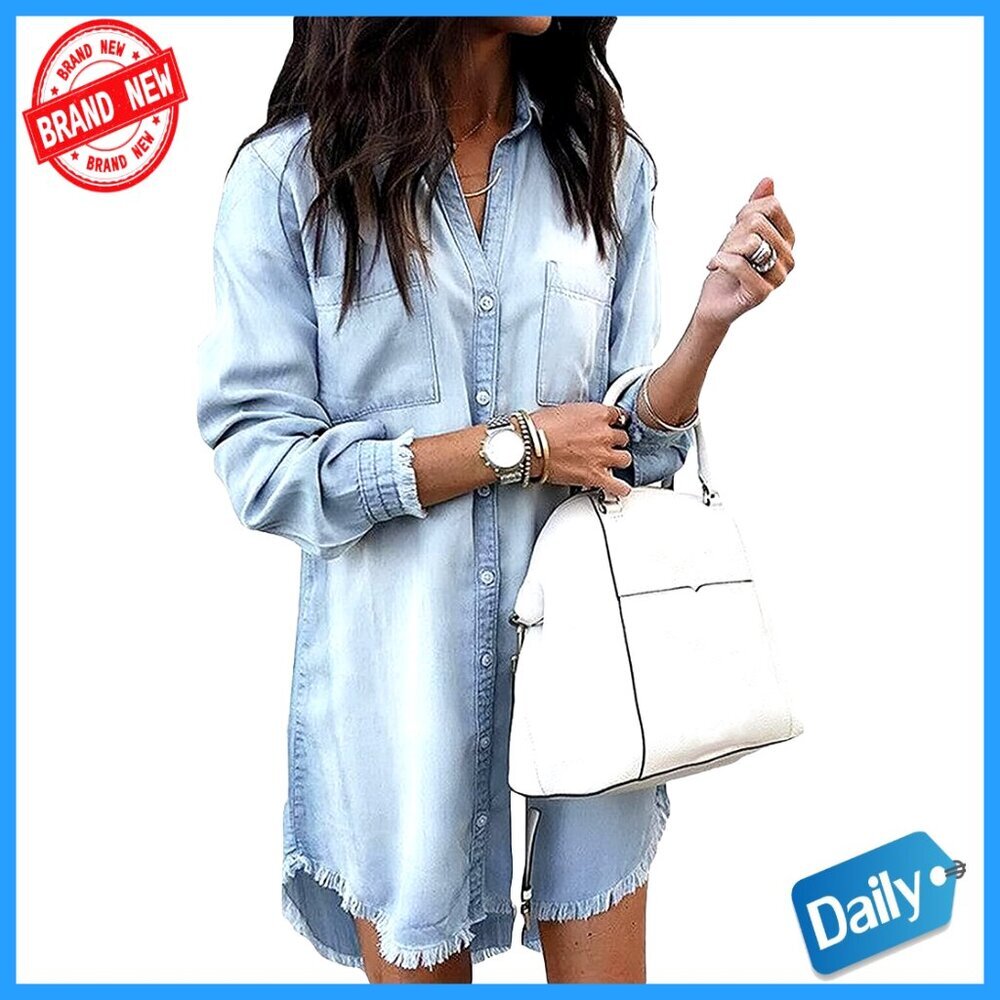 Distressed Denim Shirt Dress Long Sleeve Button Down Casual Tunic Top